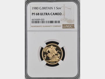 1980 ELIZABETH II PROOF GOLD SOVEREIGN PF68 UCAM