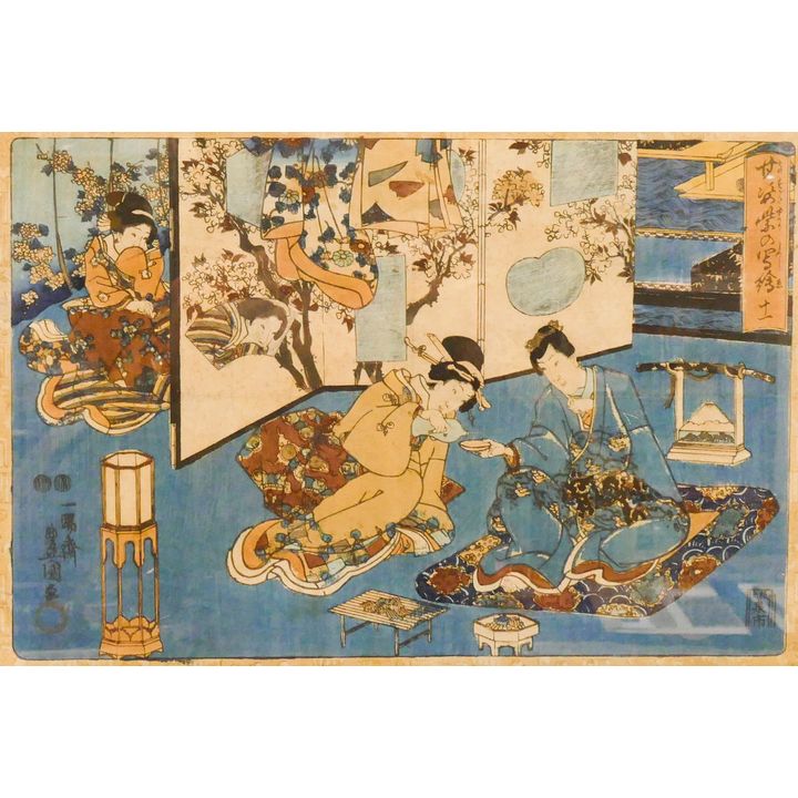 Meiji Japanese Interior Scene Woodblock Print Framed- 15x21''