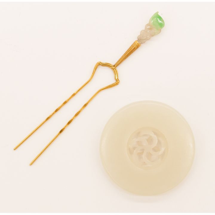 2pc Chinese Jade 22k Hair Pin and Prayer Wheel