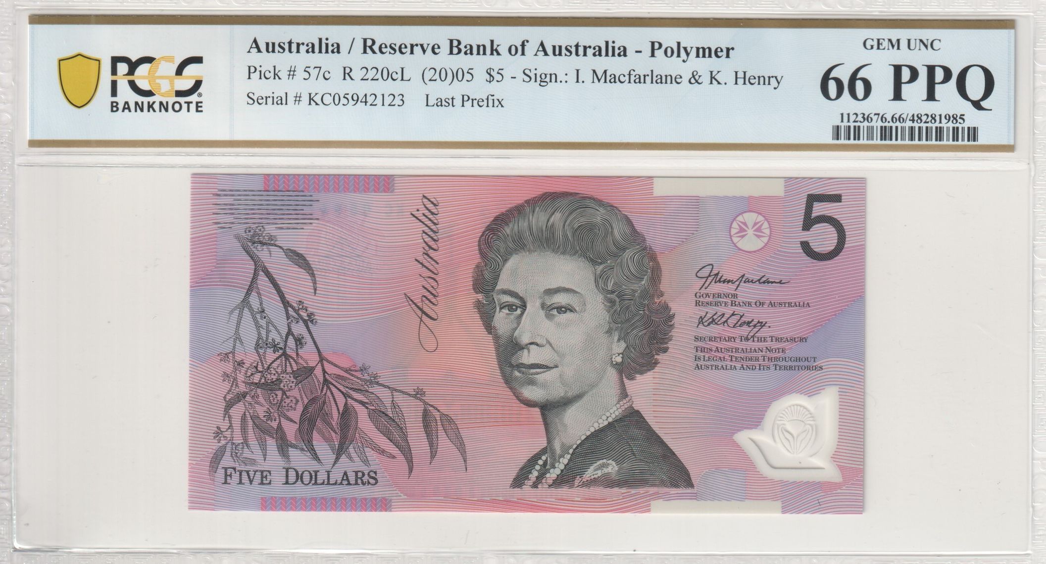 Macfarlane/Henry, Last Prefix, Five Dollar, 2005, PCGS Gem UNC 66 PPQ