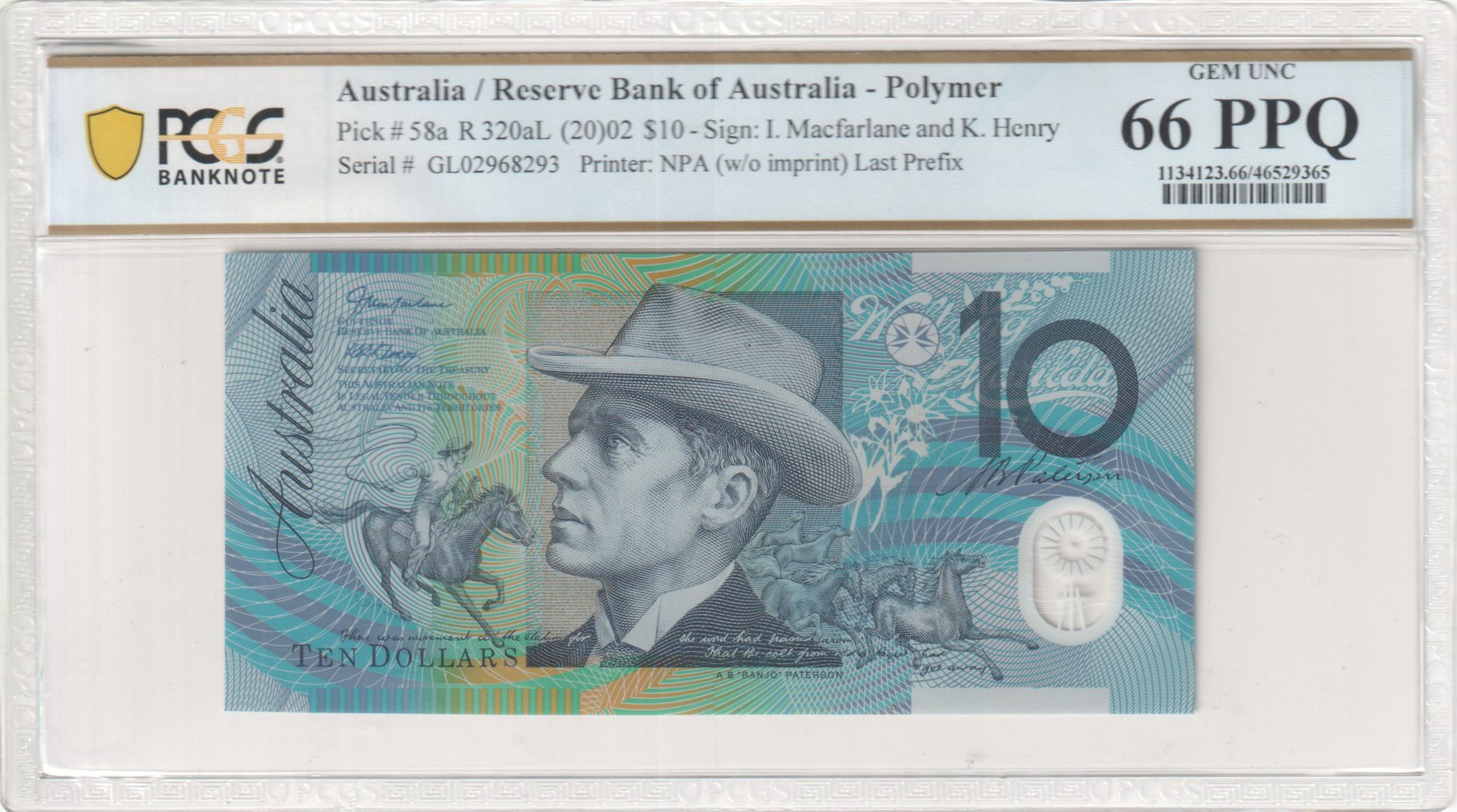 Macfarlane/Henry, Last Prefix, Ten Dollar, 2002, PCGS Gem UNC 66 PPQ