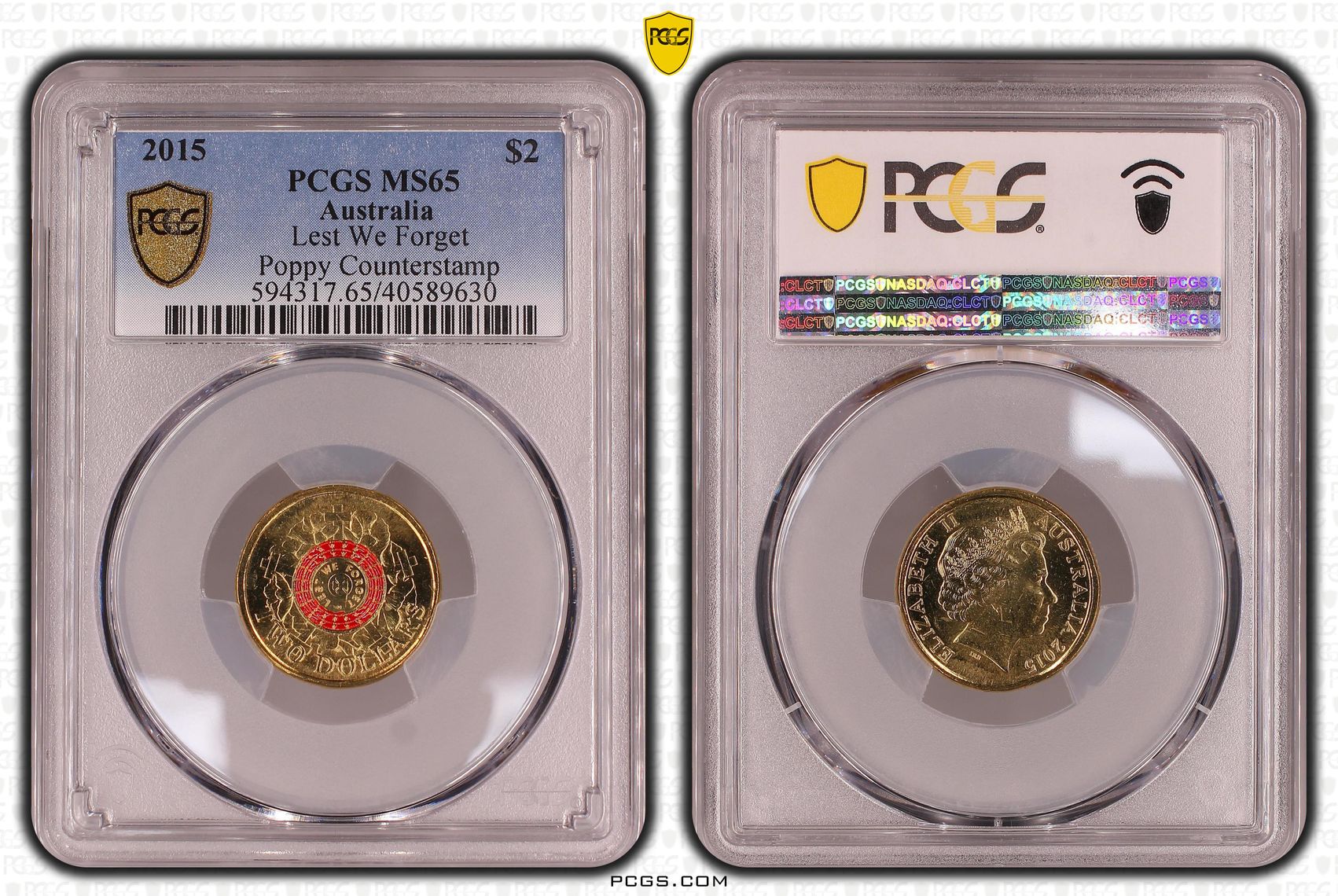 Elizabeth II, Lest We Forget Colorized Poppy counterstamp, Two Dollar, 2015, PCGS MS65