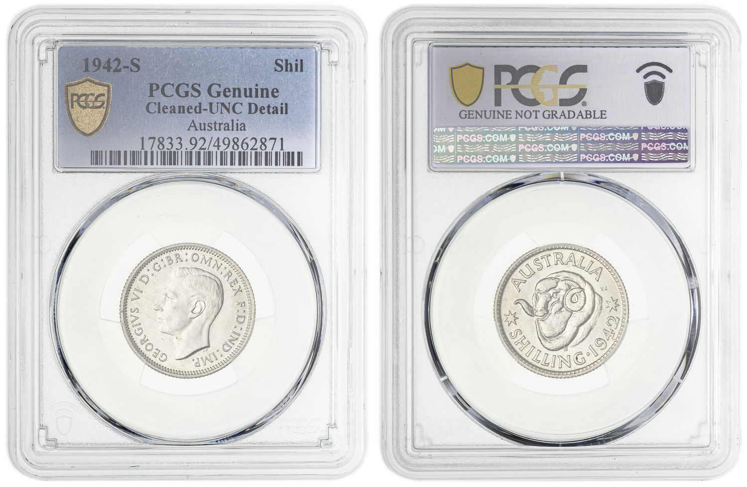 George VI, Shilling, 1942-S, PCGS Cleaned-UNC Detail