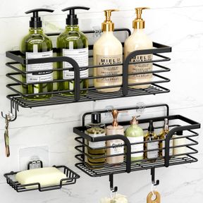 SHOWER CADDY, ADHESIVE SHOWER ORGANIZER WITH SOAP DISH AND 4 HOOKS, RUSTPROOF STAINLESS STEEL SHOWER SHELVES, WALL MOUNTED NO DRIL