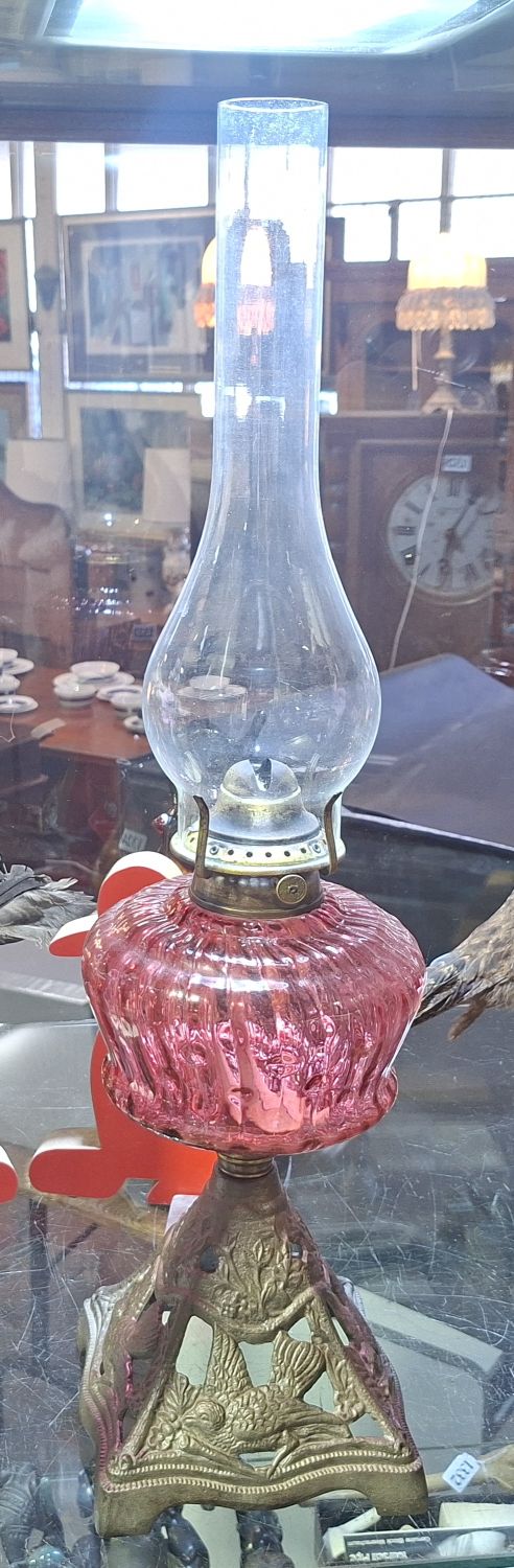Edwardian Cranberry Glass Kerosene Lamp