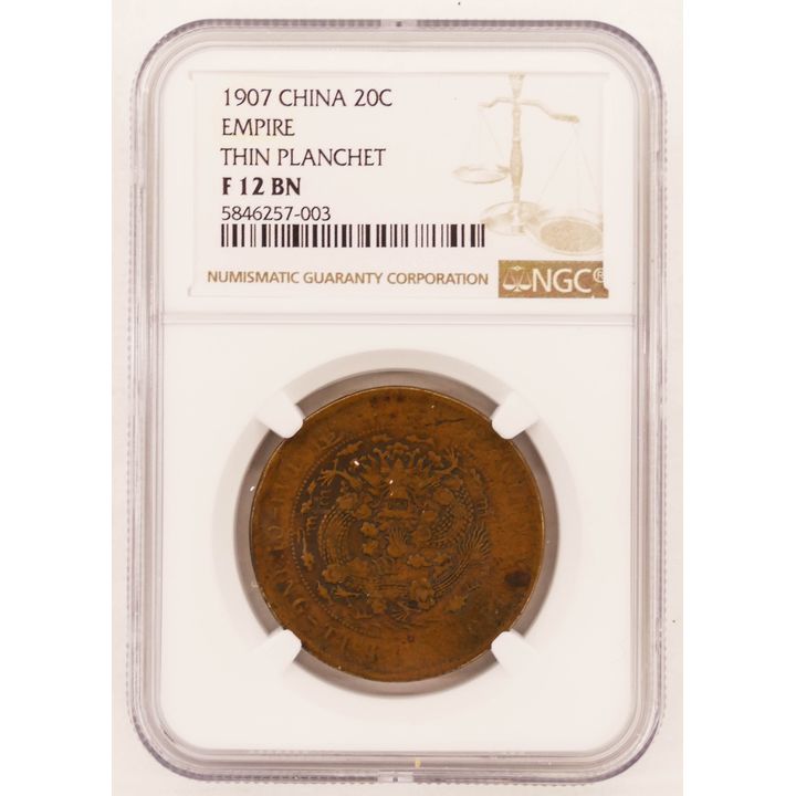 China 1907 Empire 20 Cash NGC F 12 BN Graded