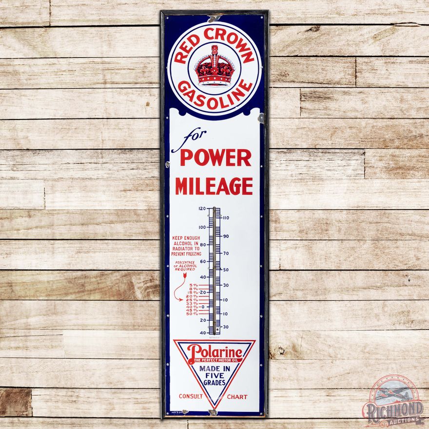 Red Crown Gasoline "For Power Mileage" Polarine Motor Oil 6' SS Porcelain Thermometer Sign w/ Logo