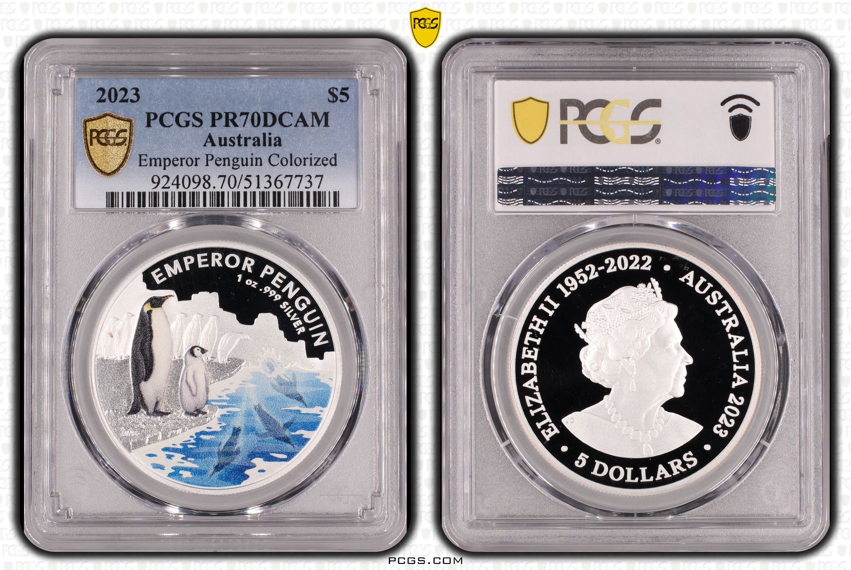 Emperor Penguin Colourised, POP 14/0, Five Dollars, 2023, PCGS PR70DCAM