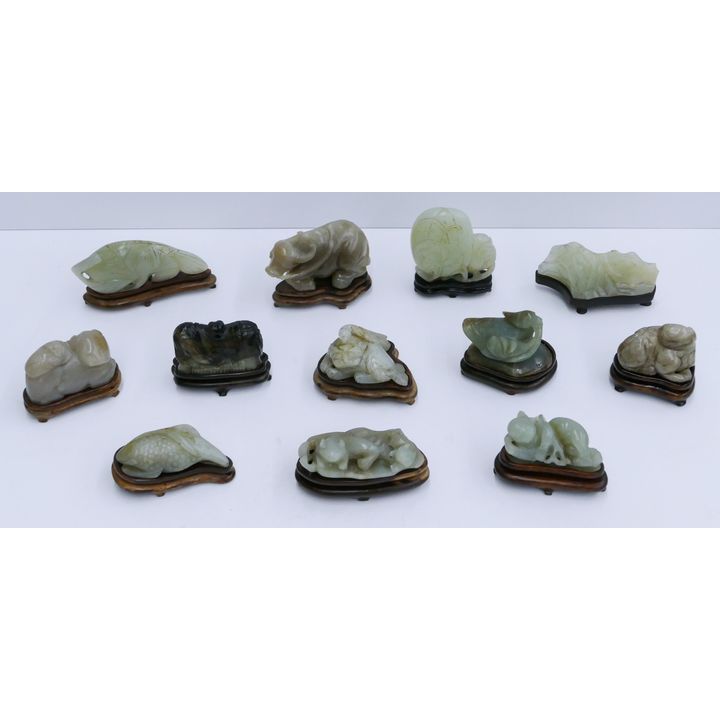 12pc Chinese Qing Jade Pebble Carvings on Stands