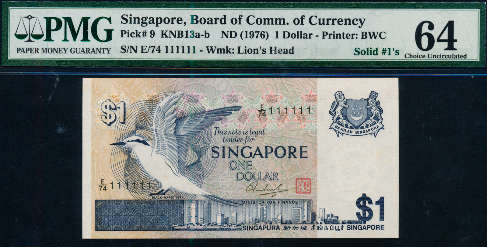 Singapore Bird 1976 $1 Solid Number E/74 111111 PMG 64 