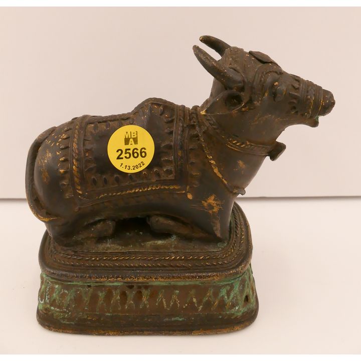 Old Indian Bronze Seated Ox Figure- 5''