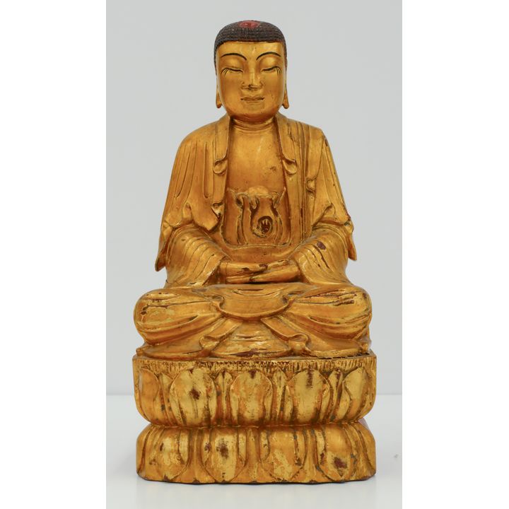 Chinese Gilt Lacquered Seated Buddha Wood Figure 12''