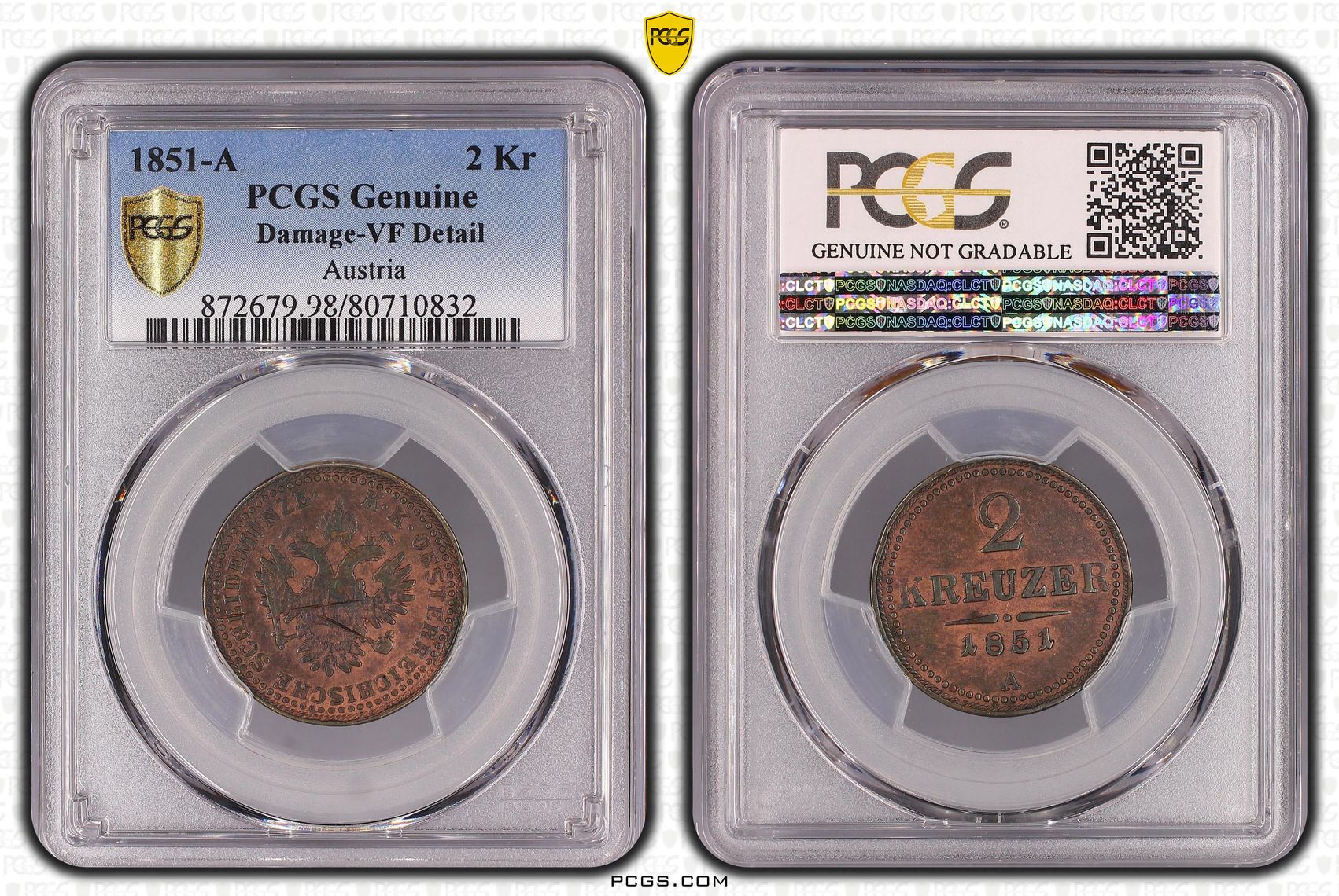 Austria, Two Krone, 1851-A, PCGS Genuine - VF Details (98 - Damage)