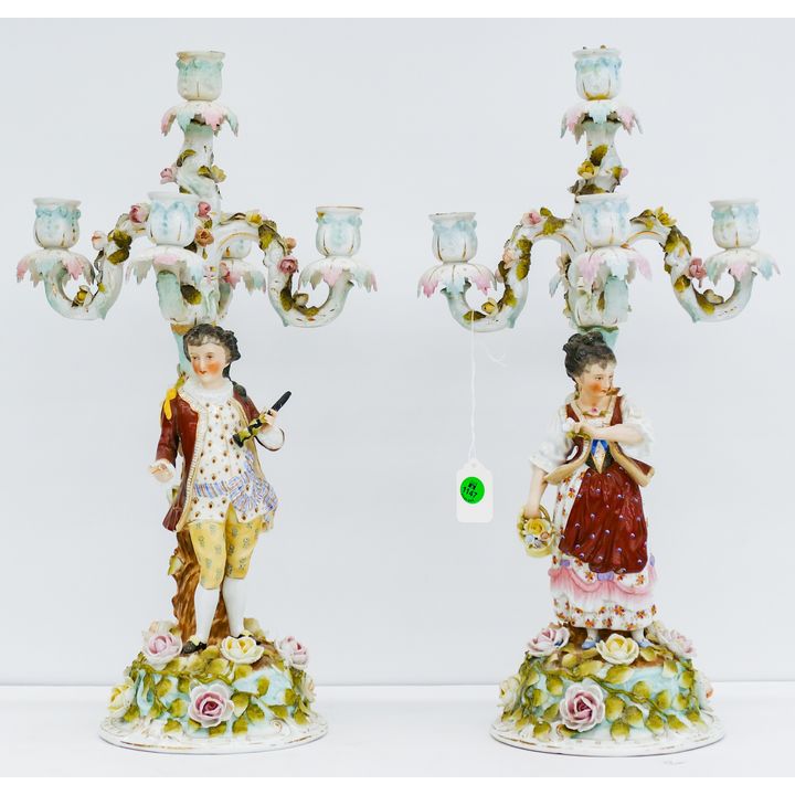Pair Antique Sitzendorf Man & Woman Porcelain Candelabras 18''