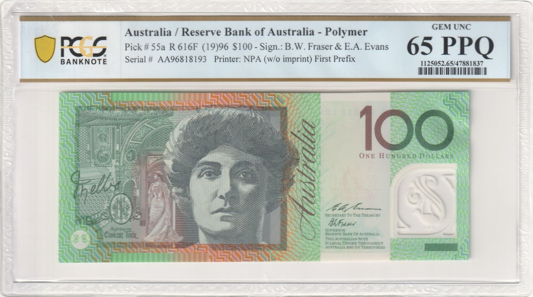 Fraser/Evans, First Prefix, Hundred Dollar, 1996, PCGS Gem UNC 66 PPQ