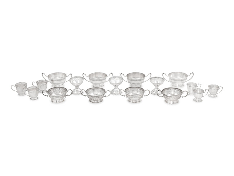 An Assembled Set of American Silver Demitasse Cups, Soups and Desserts