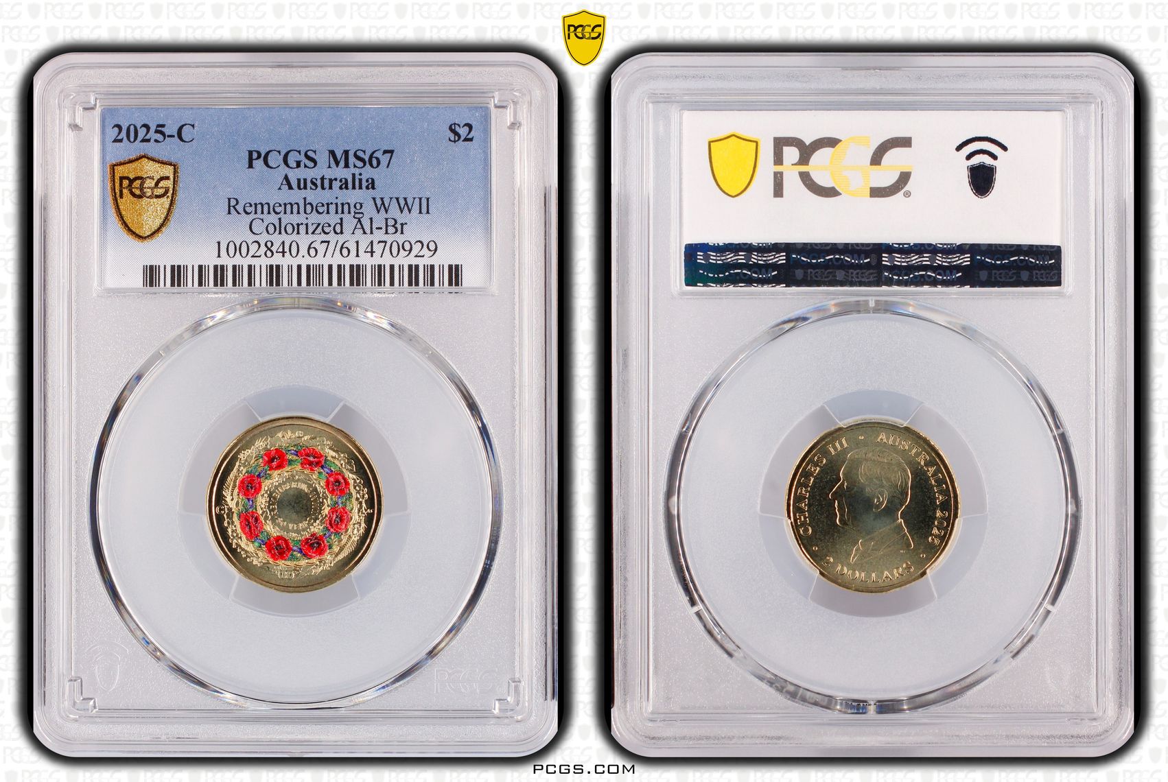 Remembering WWII Colourised AlBr, Two Dollar, 2025-C, PCGS MS67
