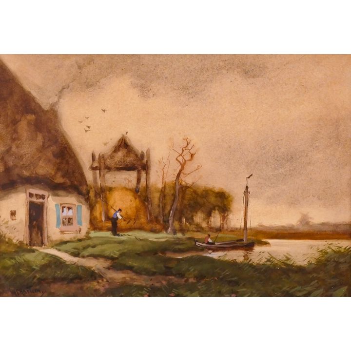W.C. Hartiny Dutch Scene Watercolor Framed- 16x19''