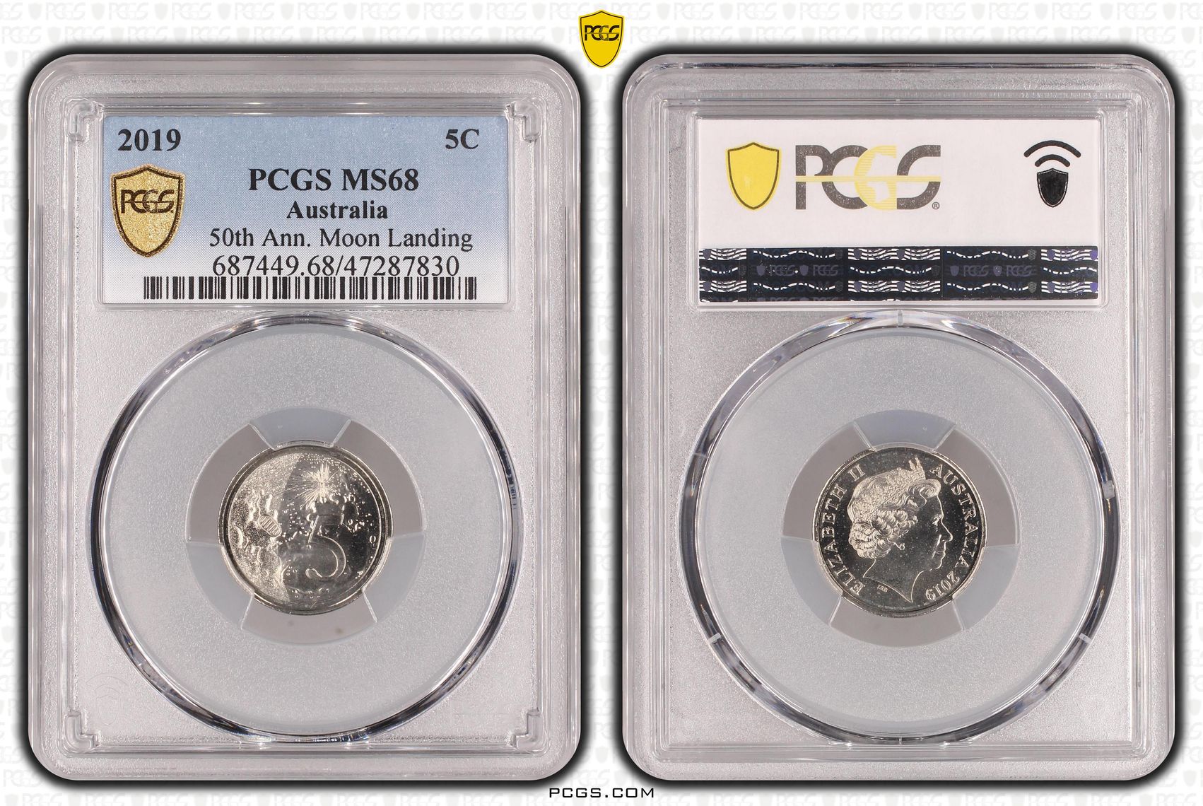 Elizabeth II, 50th Ann. Moon Landing, Five Cent, 2019, PCGS MS68
