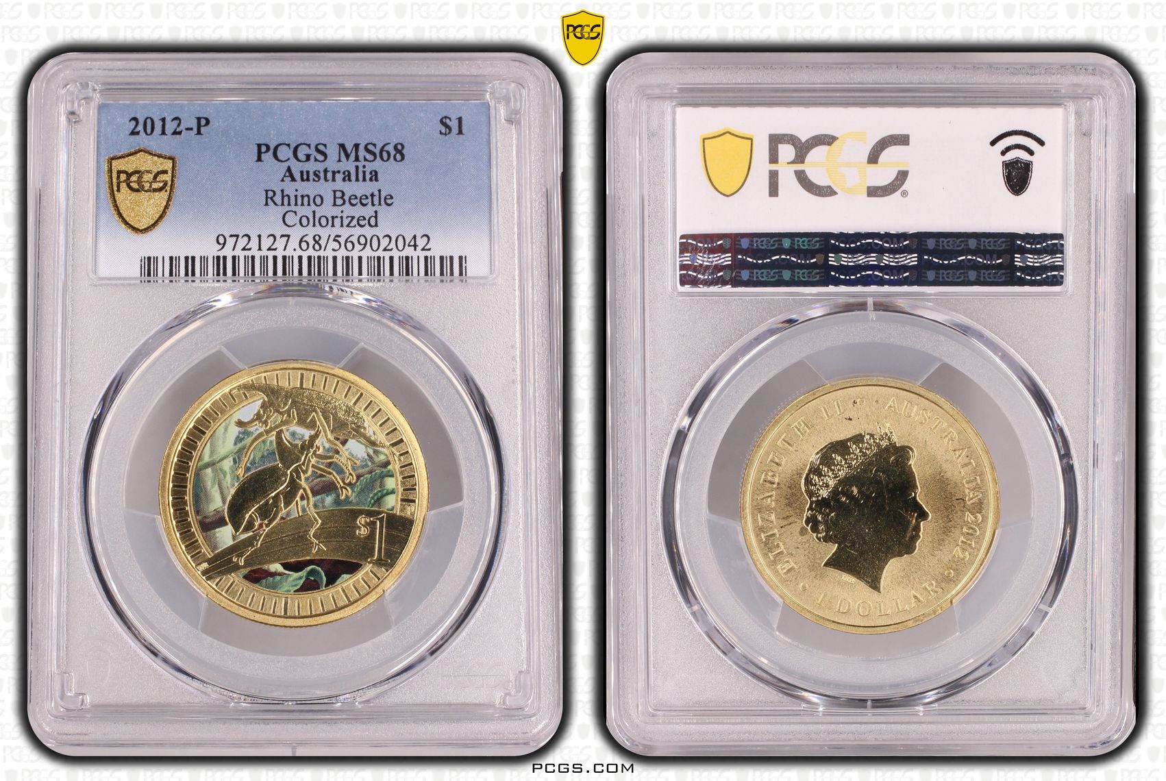 Rhino Beetle Colorized, One Dollar, 2012-P, PCGS MS68