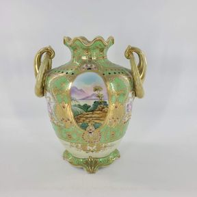 Hand Painted Two Handled Nippon Vase, Gold Gilt with Double Sided Landscape Scenes