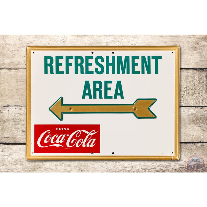 Drink Coca Cola Refreshment Area & Arrow 2 Piece Embossed Tin Sign