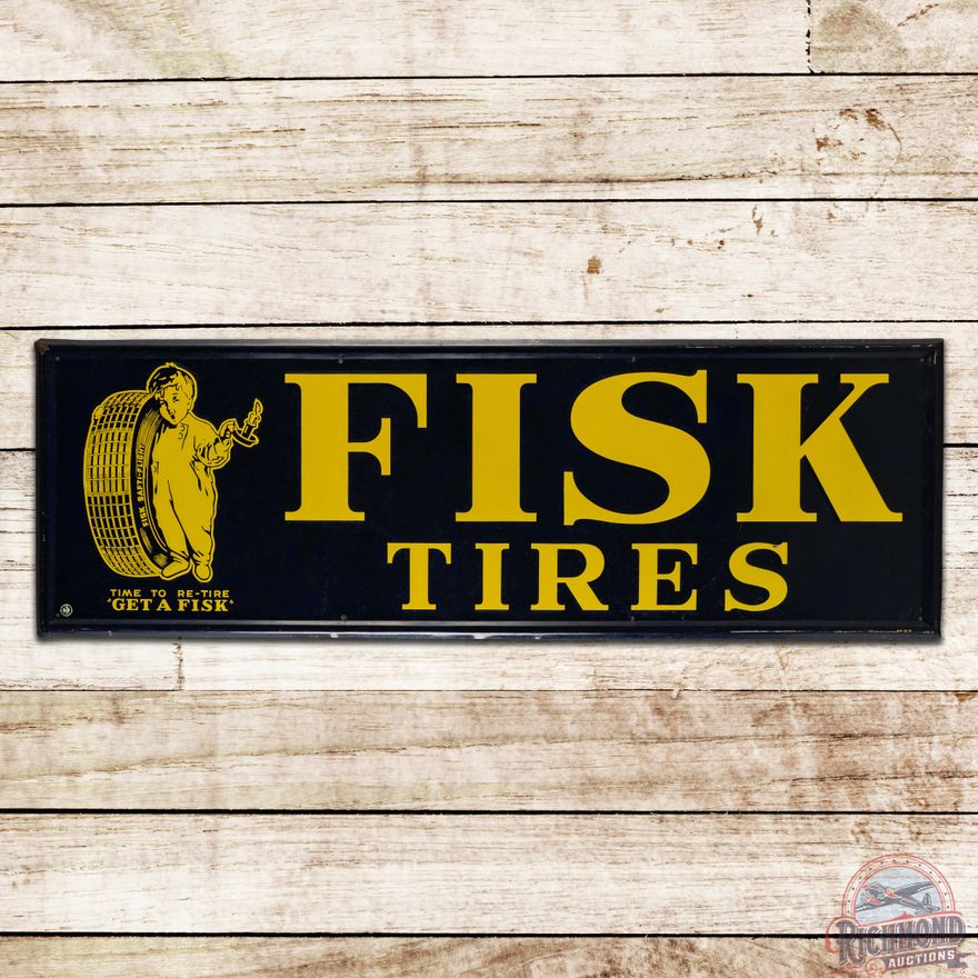 1941 Fisk Tires "Time to Re-Tire" Emb. Single Sided Tin Sign