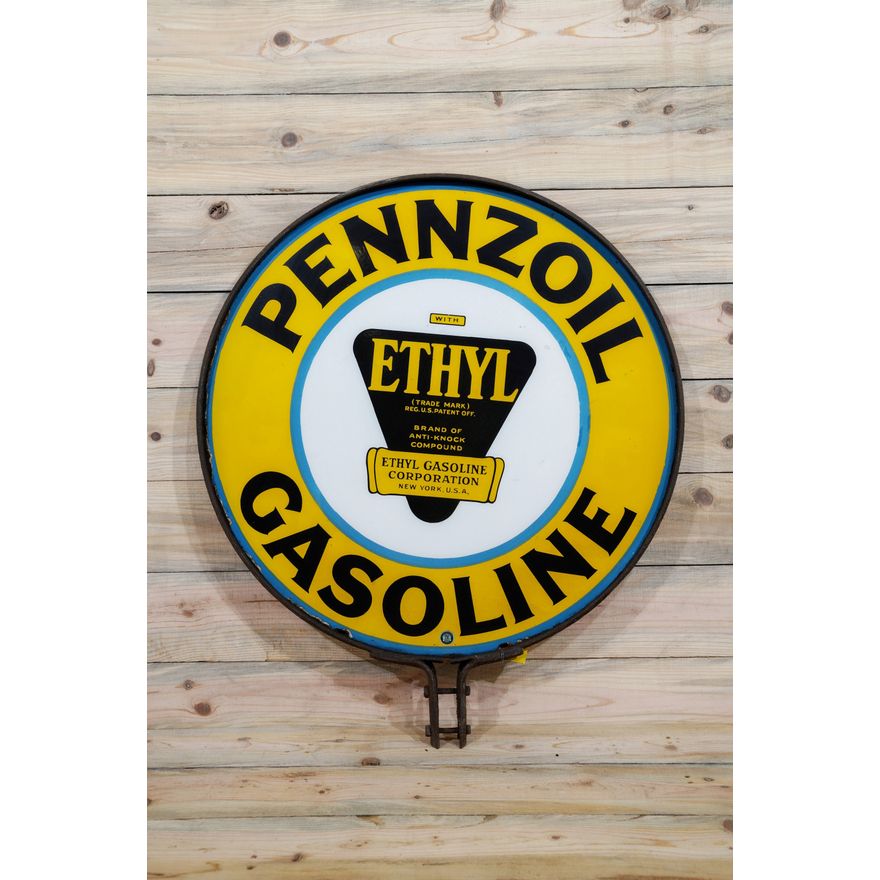30" Pennzoil Gasoline w/ Ethyl Logo Double Sided Porcelain Sign & Ring TAC 9