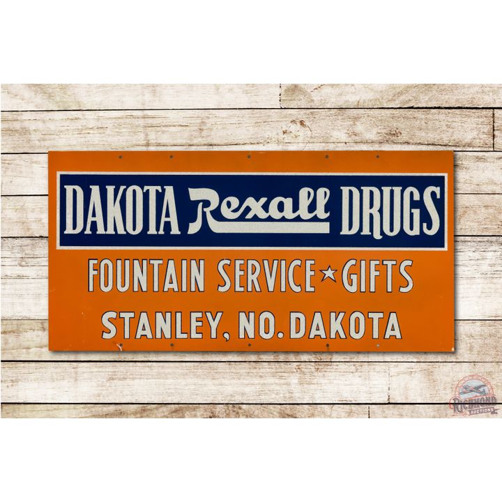 North Dakota Rexall Drugs Fountain Service Tin Smaltz Sign
