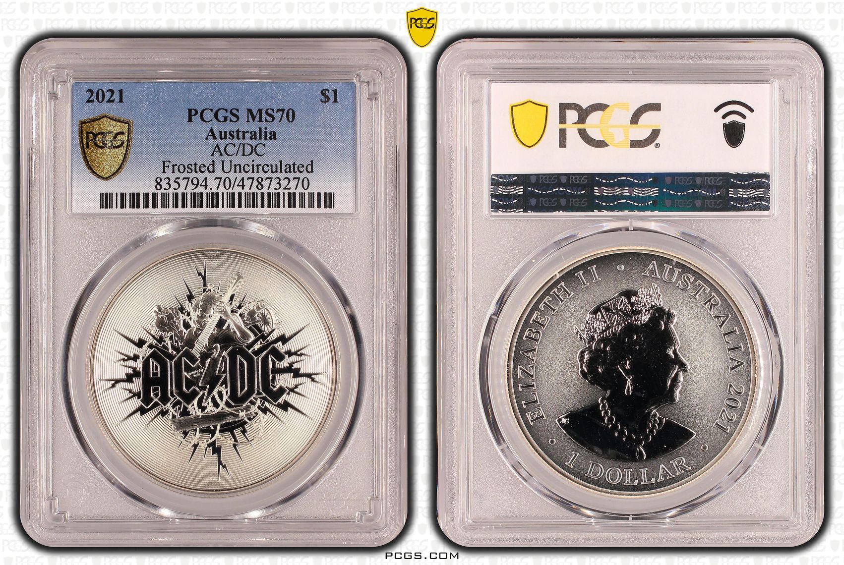485 · AC/DC - Frosted Uncirculated, One Dollar, 2021, PCGS MS70