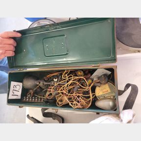 Metal tool box, vintage Christmas lights and other misc.