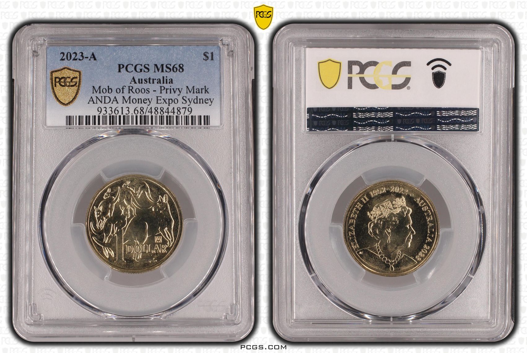Mob of Roos - Privy Mark ANDA Money Expo Sydney, One Dollar, 2023-A, PCGS MS68