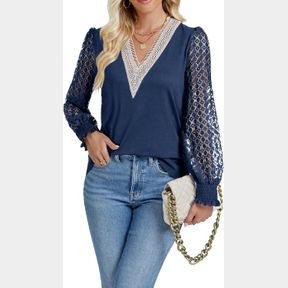WOMEN'S DRESSY BUSINESS LACE V NECK PUFF SLEEVE TOPS SMOCKED CUFFS CASUAL WORK SHIRTS FALL BLOUSES (BLUE-L)