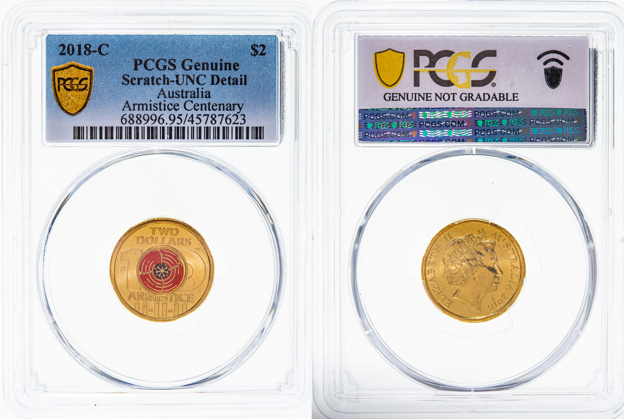 Elizabeth II, Armistice Centenary, Two Dollar, 2018-C, PCGS Genuine - UNC Details (95 - Scratch)