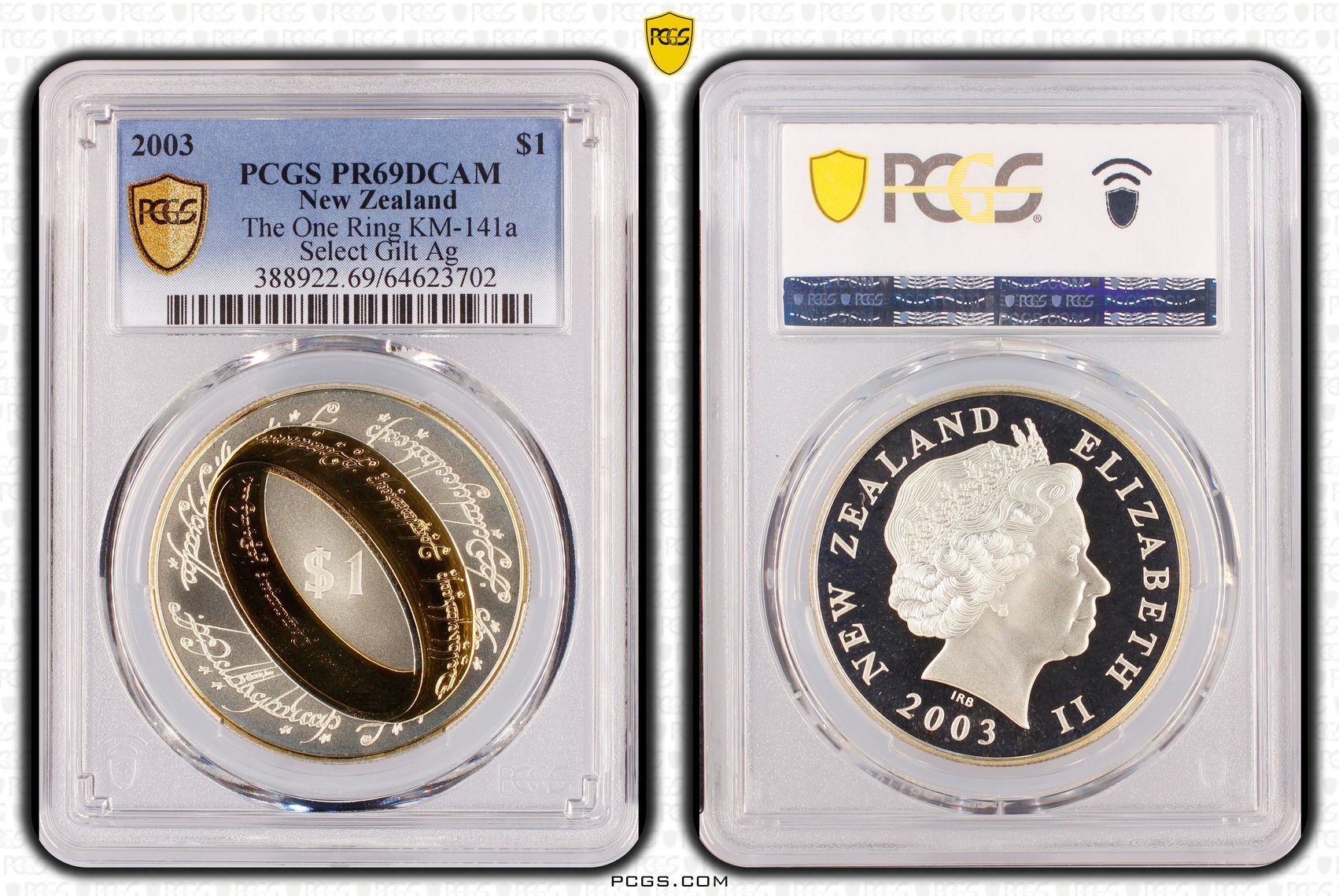 New Zealand, The One Ring KM-141a Select Gilt Silver, One Dollar, 2003, PCGS PR69DCAM