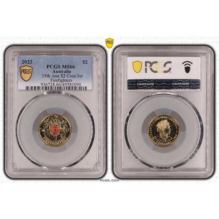 Elizabeth II, 35th Ann $2 Coin Set Colorized - Firefighters , Two Dollar, 2023, PCGS MS66