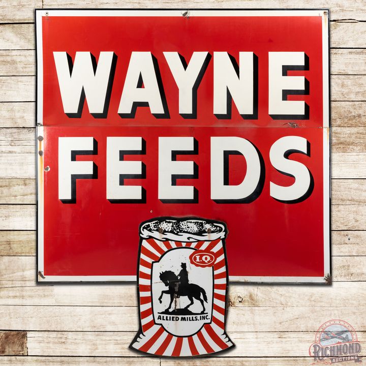 Wayne Feeds Die Cut 3-Piece SS Porcelain Sign w/ Feed Bag