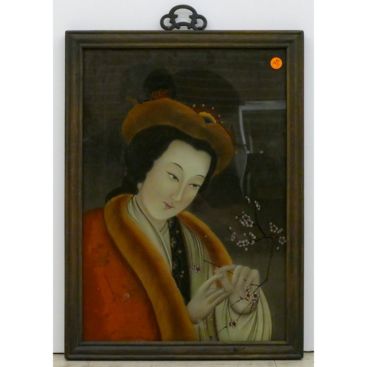 Chinese Reverse Painted Geisha Framed 21.5'' x 15.5''