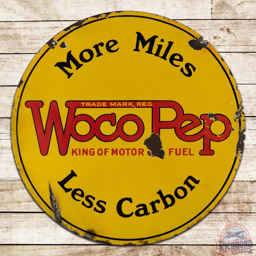 WocoPep "King of Motor Fuel" More Miles Less Carbon 25" Double Sided Porcelain Sign