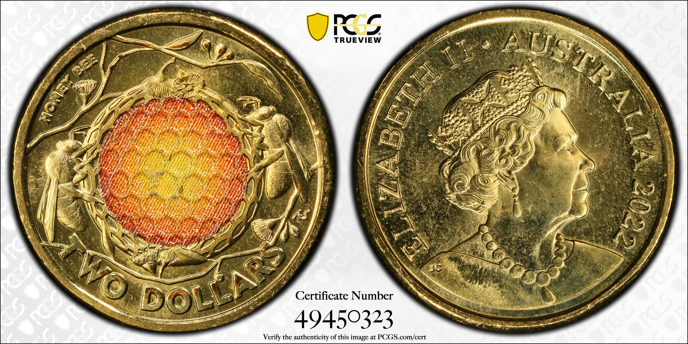 Honey Bee Colourised, POP 8/0, Two Dollar, 2022, PCGS MS68