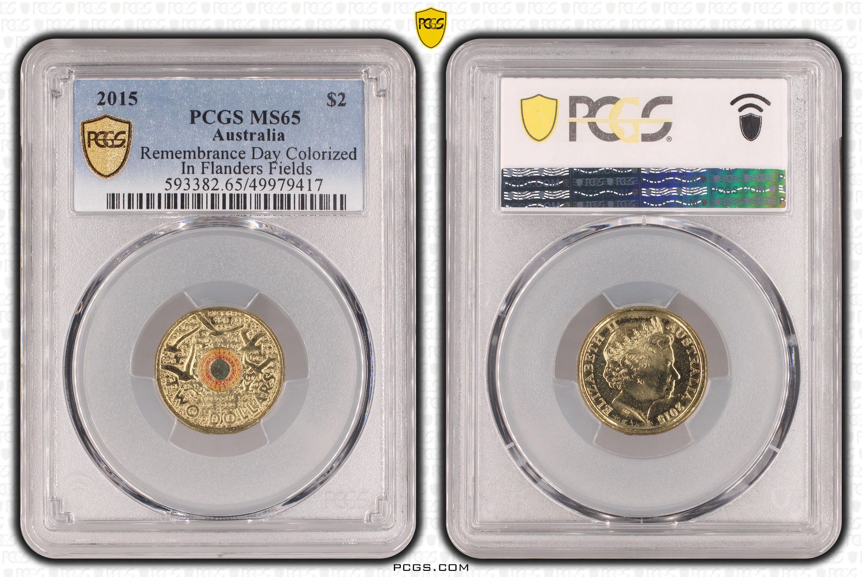 Remembrance Day Colourised In Flanders Fields, Two Dollar, 2015, PCGS MS65