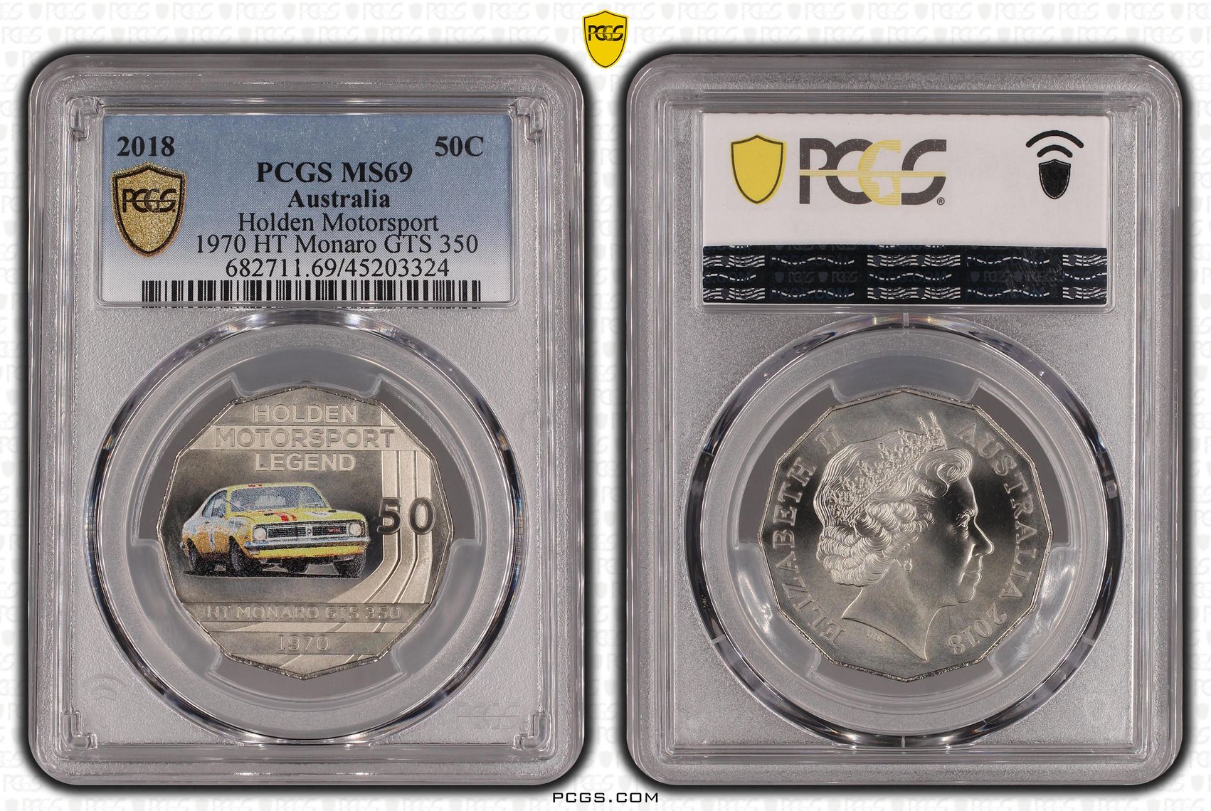 2018 Australia Fifty Cent, 50c Holden Motorsport - 1970 HT Monaro GTS 350 PCGS - MS69 -324