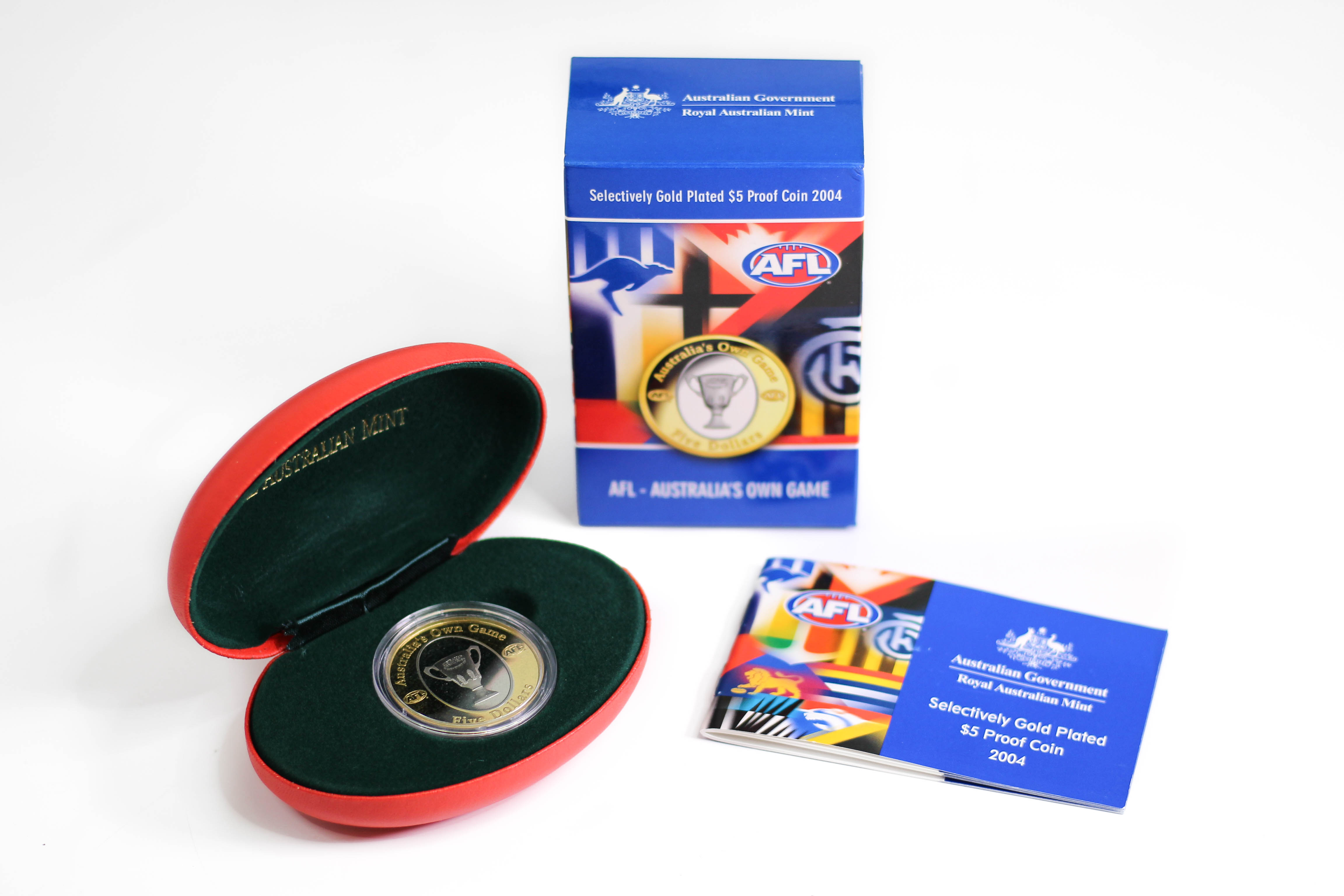 2004 Selectively Gold Plated $5 Proof Australia's Own Game AFL Coin - Box & COA