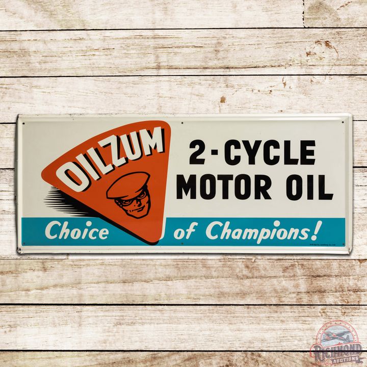 1960 Oilzum 2-Cycle Motor Oil "Choice of Champions" Single Sided Tin Sign w/ Logo