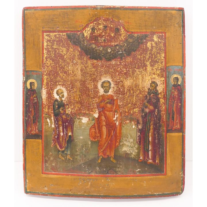 Antique Russian ''Three Saints'' Painted Wood Icon