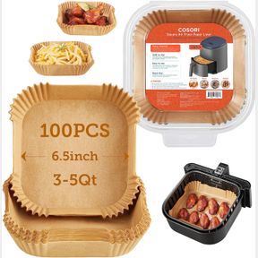 3-5 QT COSORI AIR FRYER LINERS, 100 PCS SQUARE DISPOSABLE PAPER LINERS, NON-STICK SILICONE OIL COATING, LITTLE TO NO CLEANING, 6.5