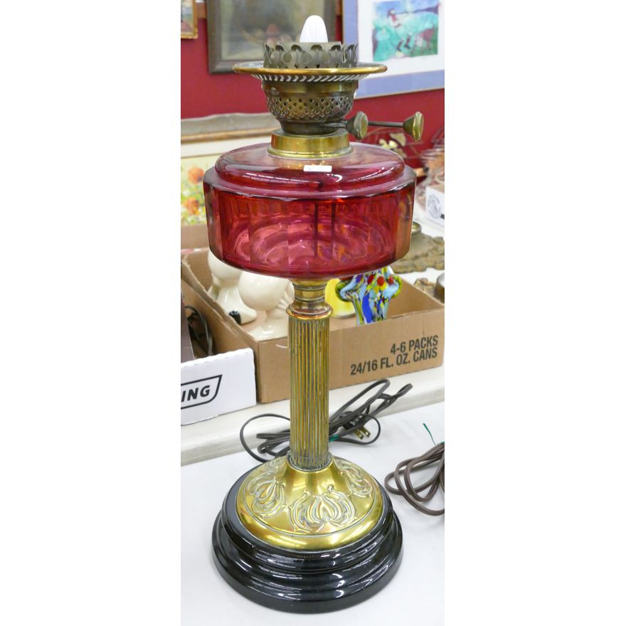 Antique Cranberry Glass Oil Lamp Electrified 19''