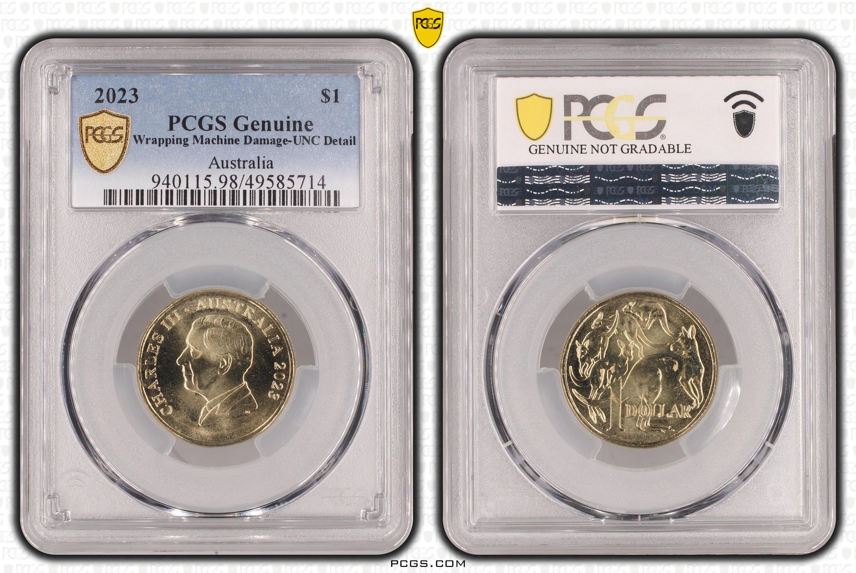 Charles III, One Dollar, 2023, PCGS Genuine - UNC Details (98 - Damage)