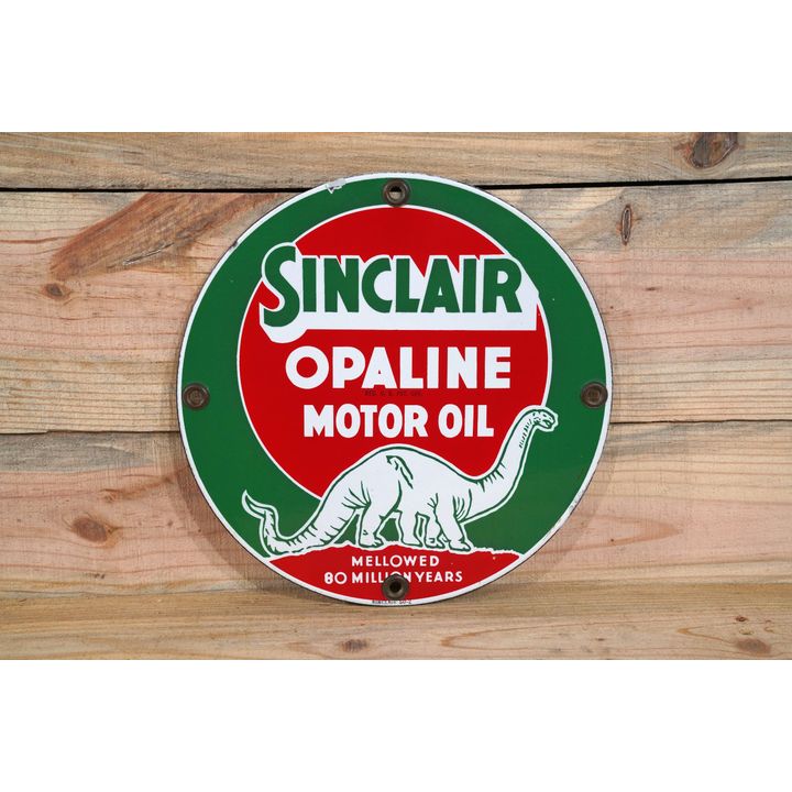 11" Sinclair Opaline Motor Oil w/ White Dinosaurs Single Sided Porcelain Sign TAC 9