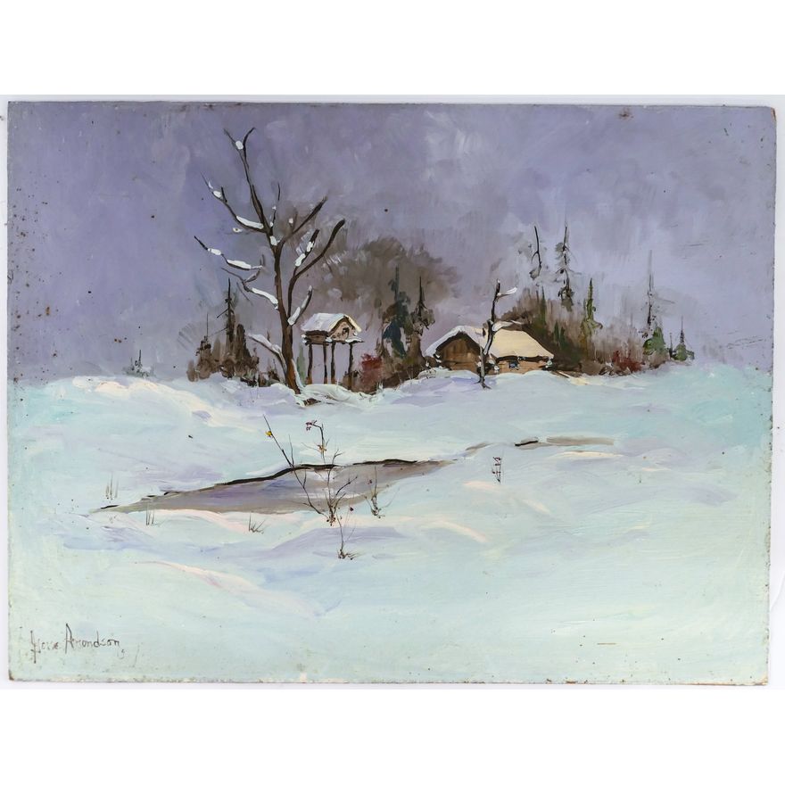 Gene Amondson ''Winter Cabins Around Frozen Pond'' Oil on Masonite